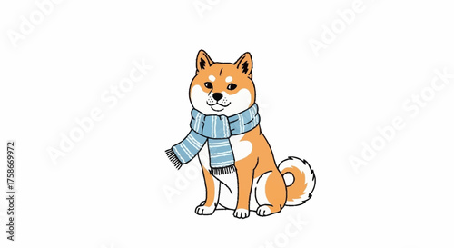 Adorable Shiba Inu Illustration with a Striped Scarf for Winter and Holiday Season Marketing and Greeting Cards