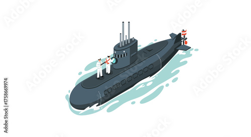 Isometric submarine with sailors in nautical setting on ocean waves