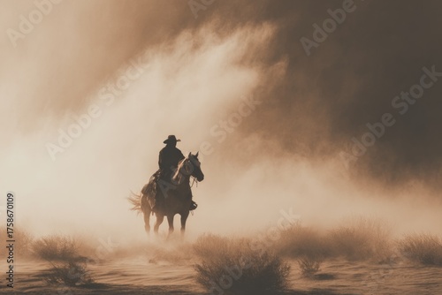 Cowboy riding horse through a dramatic dusty landscape during a sandstorm