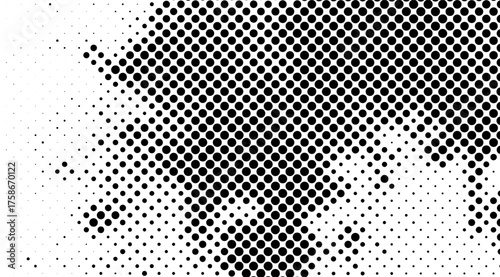 Abstract halftone pattern in black and white creates a visually striking gradient effect with varying dot sizes, forming a dynamic and modern background element