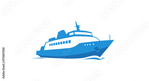 Blue silhouette of a modern ferry on white background