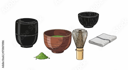 Traditional Japanese Matcha Tea Ceremony Illustration Featuring Bowls, Whisk, and Powder for Culinary Art and Cultural Appreciation