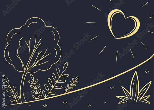 Minimal heart line in gold glowing softly
