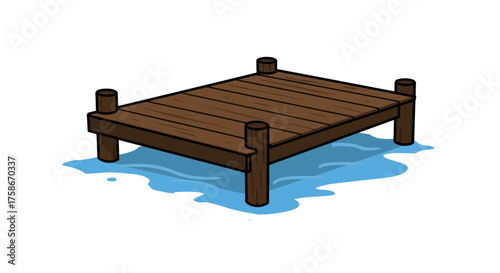 Rustic waterside wooden pier with blue splash in cartoon style