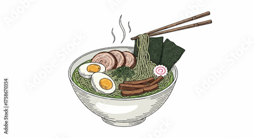 Delicious Ramen Bowl Illustration with Chopsticks, Featuring Vibrant Green Broth and Toppings, Suitable for Food Blogs, Restaurant Menus, or Culinary Art Projects