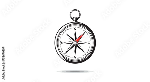 Classic compass with nautical design and shadow on white background