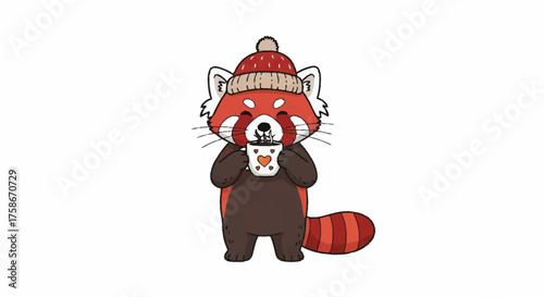 Adorable Red Panda Enjoying Hot Chocolate in Winter, Perfect for Holiday Greetings, Children's Illustrations, and Seasonal Marketing Campaigns