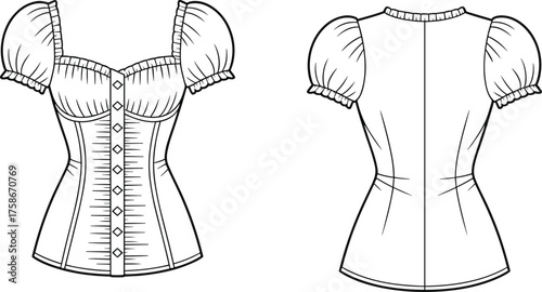 Women’s blouse fashion sketch, puff sleeve top with sweetheart neckline and button front, front and back technical garment construction illustration