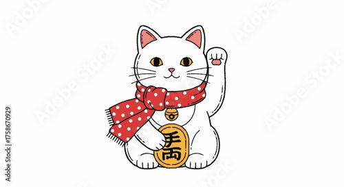 Illustrated Lucky Cat Maneki Neko with Red Scarf and Gold Coin, Symbolizing Good Fortune and Prosperity for Cultural and Decorative Applications