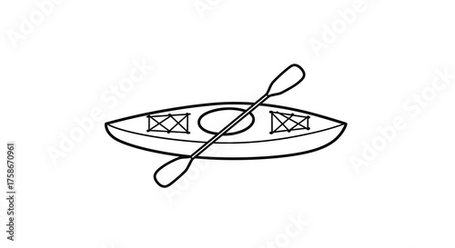 Minimalist outline kayak with paddle on white background