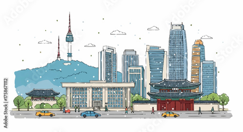 Seoul Cityscape Illustration Featuring Landmarks, Modern Architecture, and Cultural Heritage for Travel, Tourism, and Urban Planning Projects.