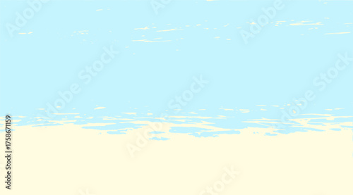 Minimalist beach scene with a light blue sky featuring subtle white clouds and a sandy shoreline with light yellow hues, creating a tranquil and calming coastal vista