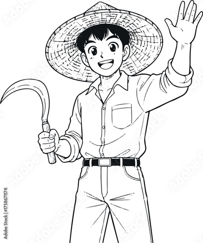 Vector illustration of a farmer holding a sickle 