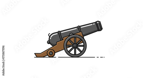 Classic cannon on wooden carriage in modern flat design