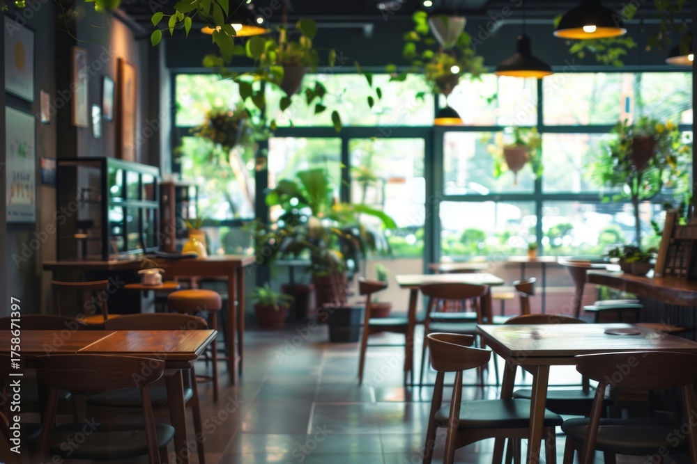 Obraz premium Cozy cafe interior with plants and wooden furniture