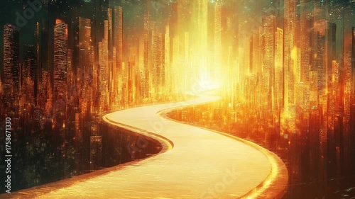 Glowing Pathway Through a Futuristic Cityscape