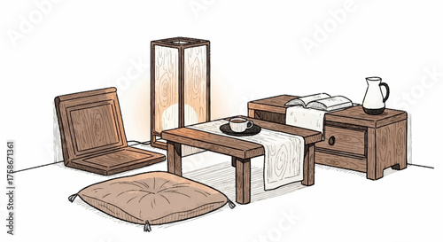 Tranquil Japanese-Inspired Interior Featuring Low Furniture, Tatami Mat, and Warm Lighting for Relaxation and Meditation Spaces Illustration
