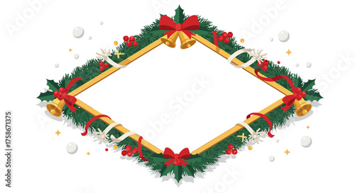 Festive christmas frame with holly, berries, and bells in a flat design