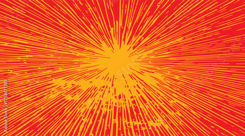 Vibrant orange and red radial burst radiates energy with a retro sunburst effect, featuring dynamic, stylized lines and a bold, vintage-inspired abstract design