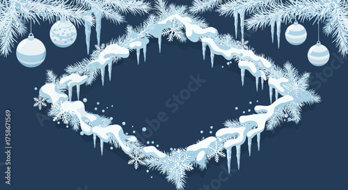 Frosty winter frame with snowflakes and pine branches on dark background