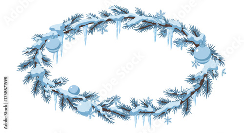 Winter garland with snowy pine branches and icy ornaments in isometric style