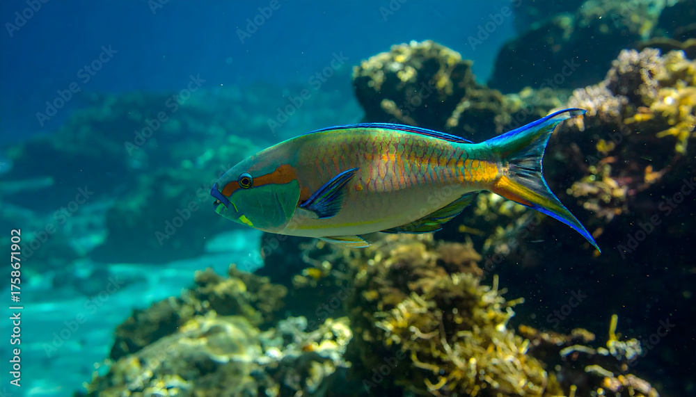 Naklejka premium Vibrant Fish Swimming Through Colorful Coral Reef in Clear Blue Waters