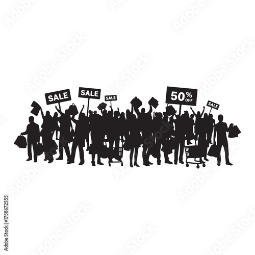 Silhouette of shoppers with sale signs and shopping bags illustration