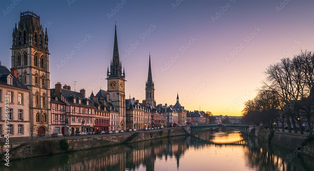 Fototapeta premium Cityscape at dusk featuring architecture river towers and sunset colors