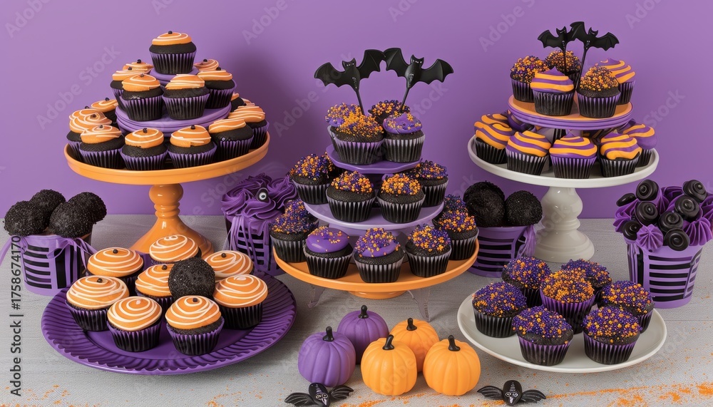 Naklejka premium Colorful halloween bakery showcase featuring decorated cupcakes and festive pastries