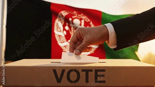Man casts ballot into voting box with Afghan flag waving proudly behind for national election