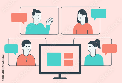 Remote-Team Virtual Meeting Flat Vector Scene with Digital Whiteboard UI Icons & Shared Workflow
