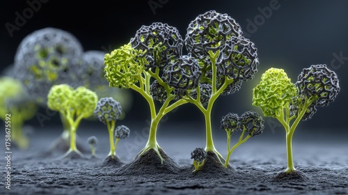 Soil Restoration Technology: Geometric biochar particles transforming depleted ground into thriving ecosystem with growth timeline
