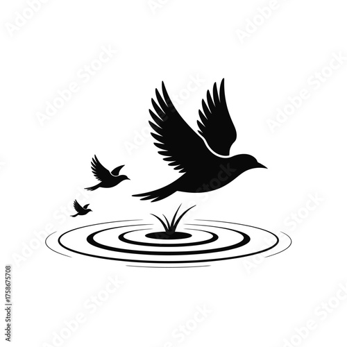 Silhouette of birds taking flight from rippling water surface at dawn