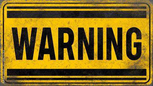 Yellow grunge “WARNING” text signboard with bold black hazard stripes and scratched metal texture, realistic caution banner template for safety poster, industrial notice, or attention alert design