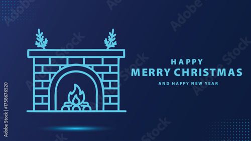 Outline Fireplace Icon with Firewood and Flame on Dark Blue Background with Dotted Pattern