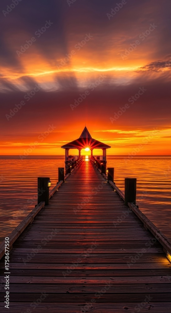 Obraz premium Pier into the sunset with the sun radiating around gazebo along the coast, perfect for a vacation or peaceful getaway concept