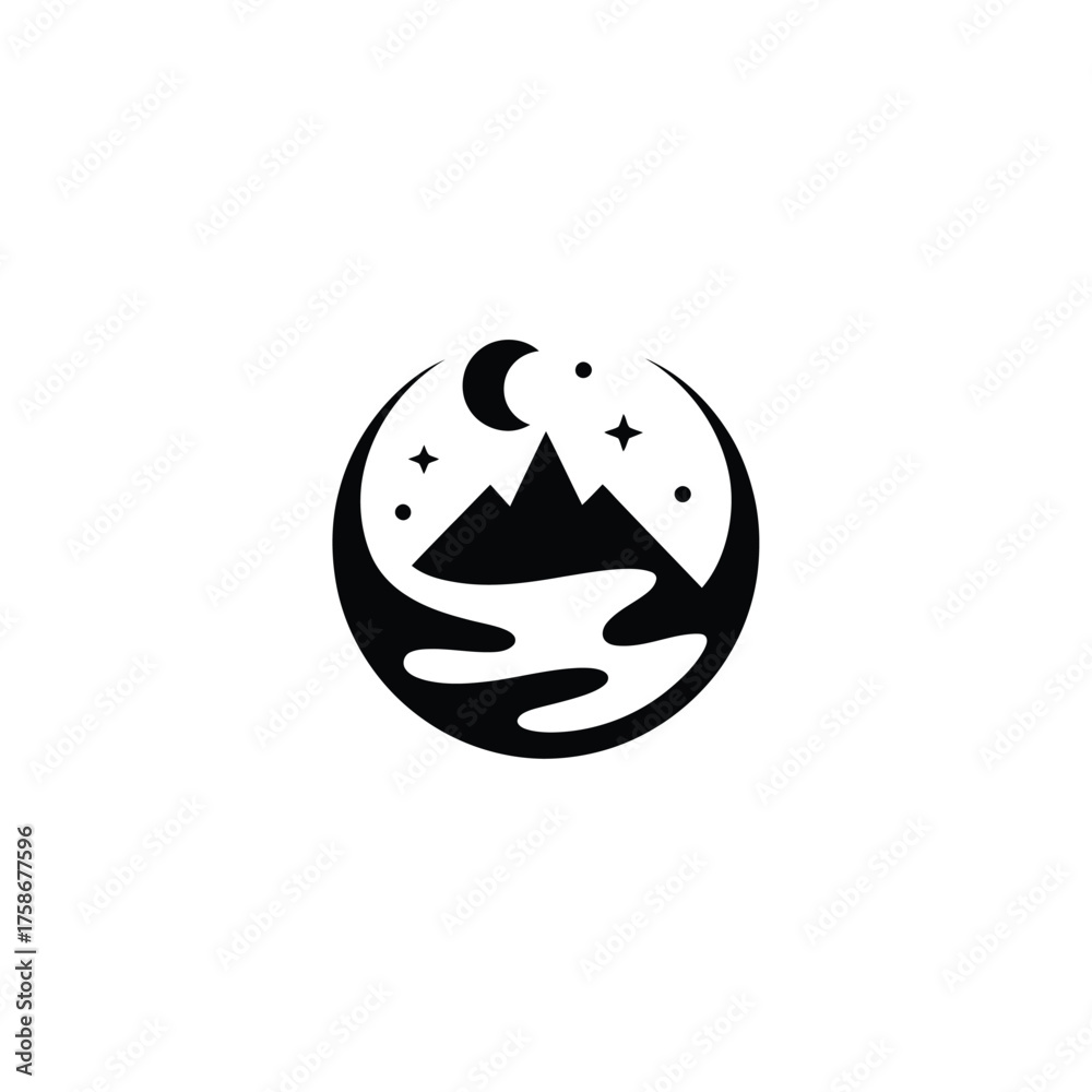 Fototapeta premium Circular silhouette of mountains moon stars and water at night