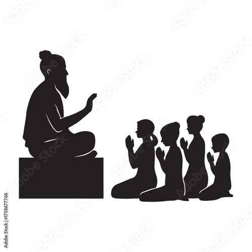 Silhouette of a Guru Teaching a Group of People in Prayer