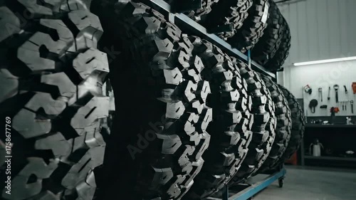 Close-up of large black tires with deep treads stored on metal shelves in an automotive workshop