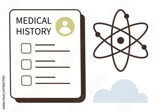 Medical history form with checklist, atom structure symbolizing science, and minimal cloud element. Ideal for healthcare, research, innovation, technology, medicine data future. Simple flat