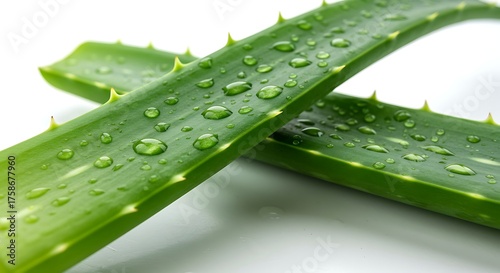 Close up of aloe vera leaves with water drops on white background