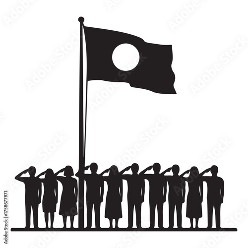 Silhouette of People Saluting a Flag with a Circle on a White Background