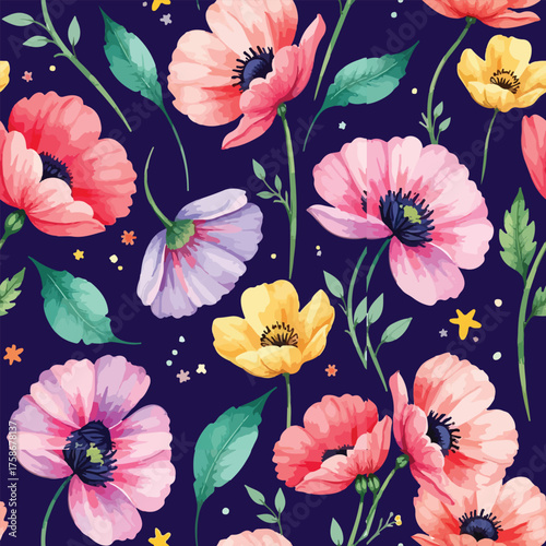Watercolor seamless floral pattern design on navvy blue background 