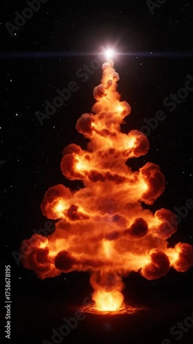 Fiery christmas tree in deep space with bright star at the top