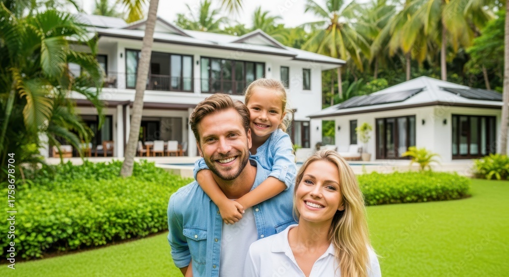 Fototapeta premium Family's Dream Home: A joyful family stands in front of their beautiful dream home. It's a picture of happiness. This family embodies the spirit of comfort and contentment.