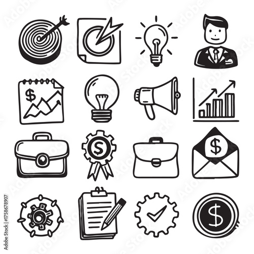 Collection of Business Hand Drawn Icons set vector