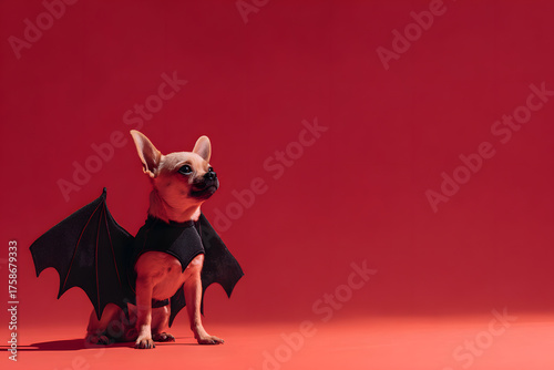 A small dog in bat wings poses on a bright red background, embodying the fun spirit of Halloween!