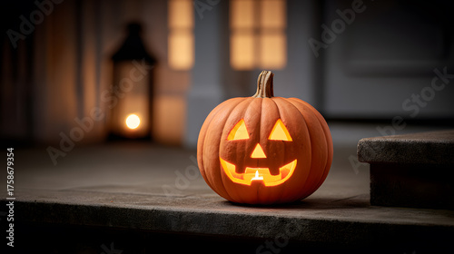 A carved pumpkin with a happy face shines brightly on a porch step, beside a glowing lantern during Halloween night