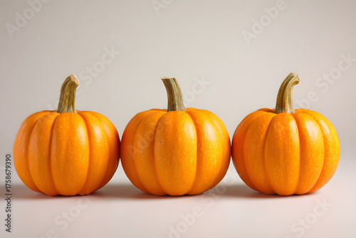 Three vibrant orange pumpkins sit neatly in a row, showcasing their bright color and smooth texture, perfect for fall