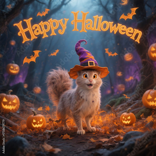 Happy Halloween cover image with the cat and pumpkins